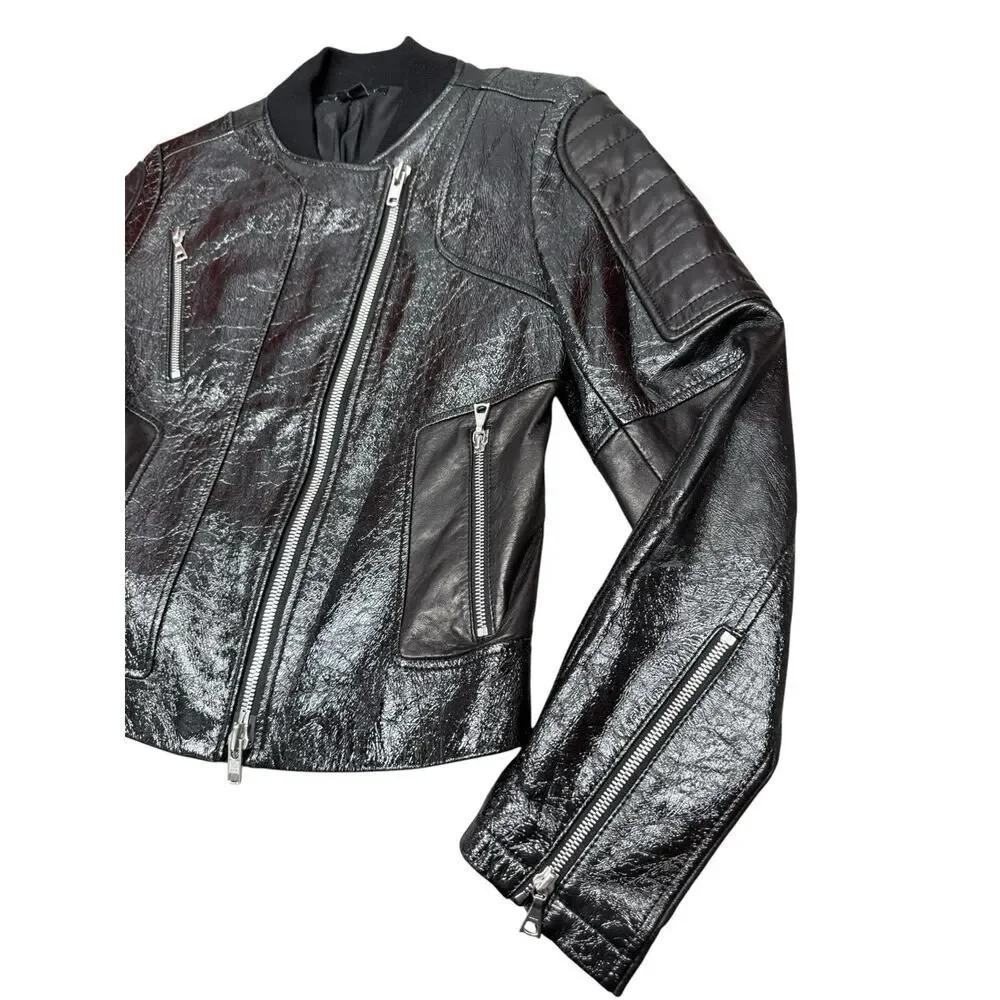Theory Shezi Lamb Leather Moto Jacket Black Patent Crackled Zip M